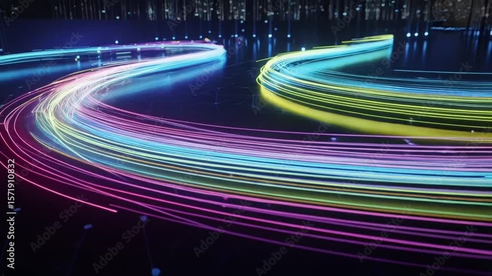 Poster glowing fibers transmit data across a network in vibrant colors.