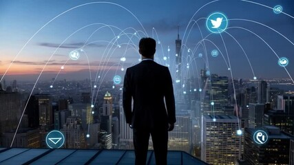 Businessman overlooks a cityscape with glowing social media network connections - Powered by Adobe