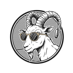 A black and white goat with curved horns and retro sunglasses in a circular frame.