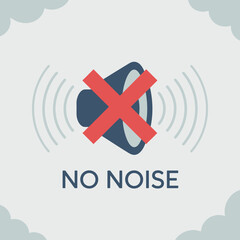 A flat design illustration of a speaker icon with a red cross over it indicating silence or no sound with sound waves emanating and the text no noise below
