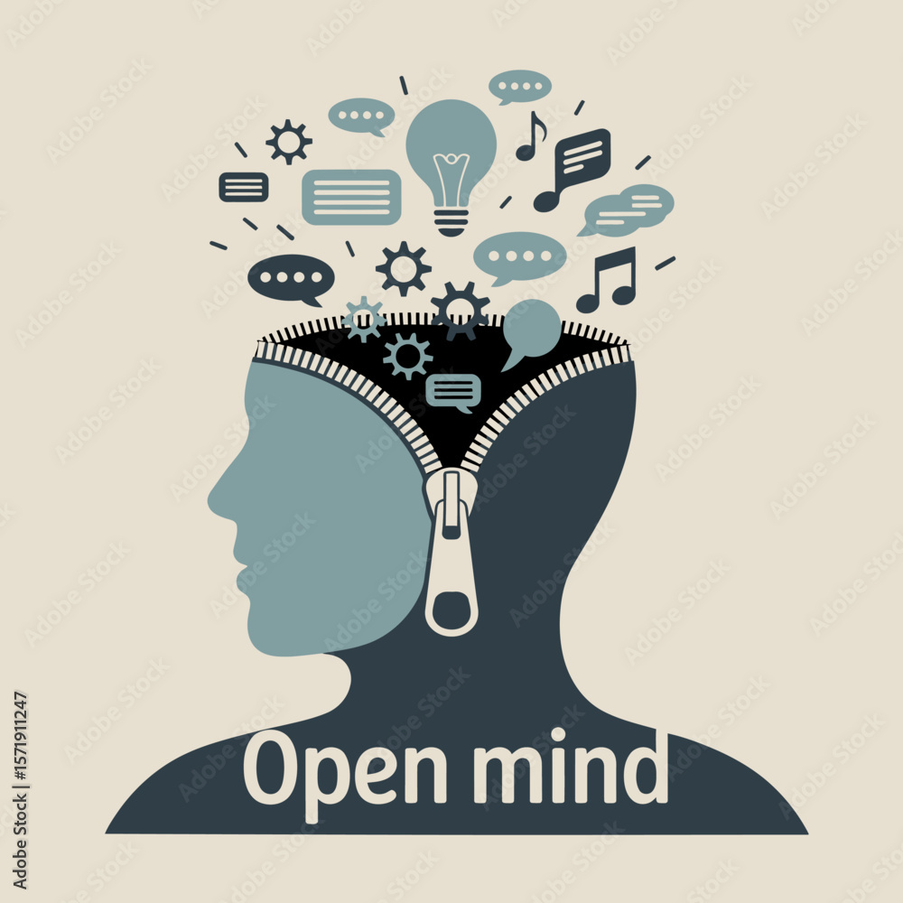 Poster conceptual illustration of an open mind with a zipper revealing gears lightbulb speech bubbles and m