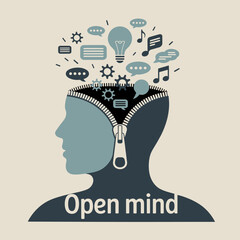 Conceptual illustration of an open mind with a zipper revealing gears lightbulb speech bubbles and music notes symbolizing ideas communication and creativity © Iconhub