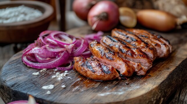 Grilled sausages are sliced and served with red onions on a rustic wooden board - Powered by Adobe
