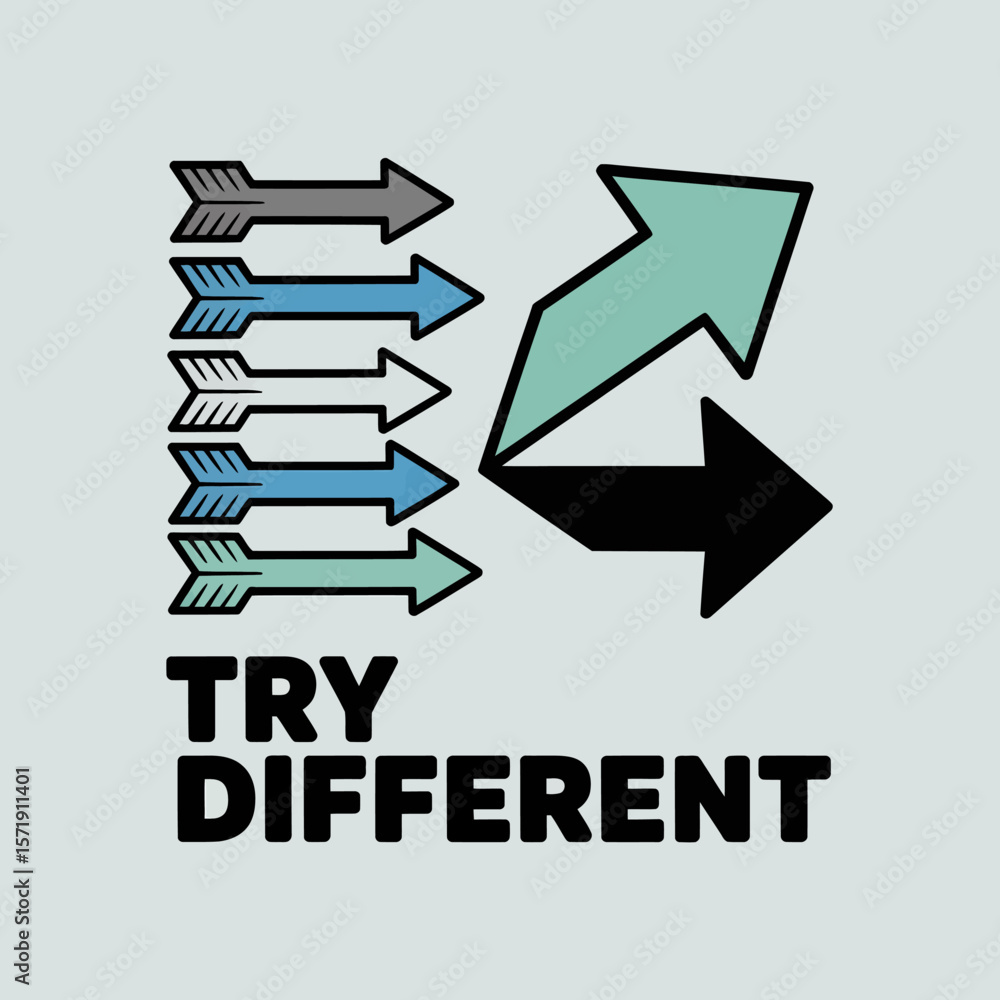 Poster graphic illustration of multiple arrows moving in one direction with one arrow breaking away to a di