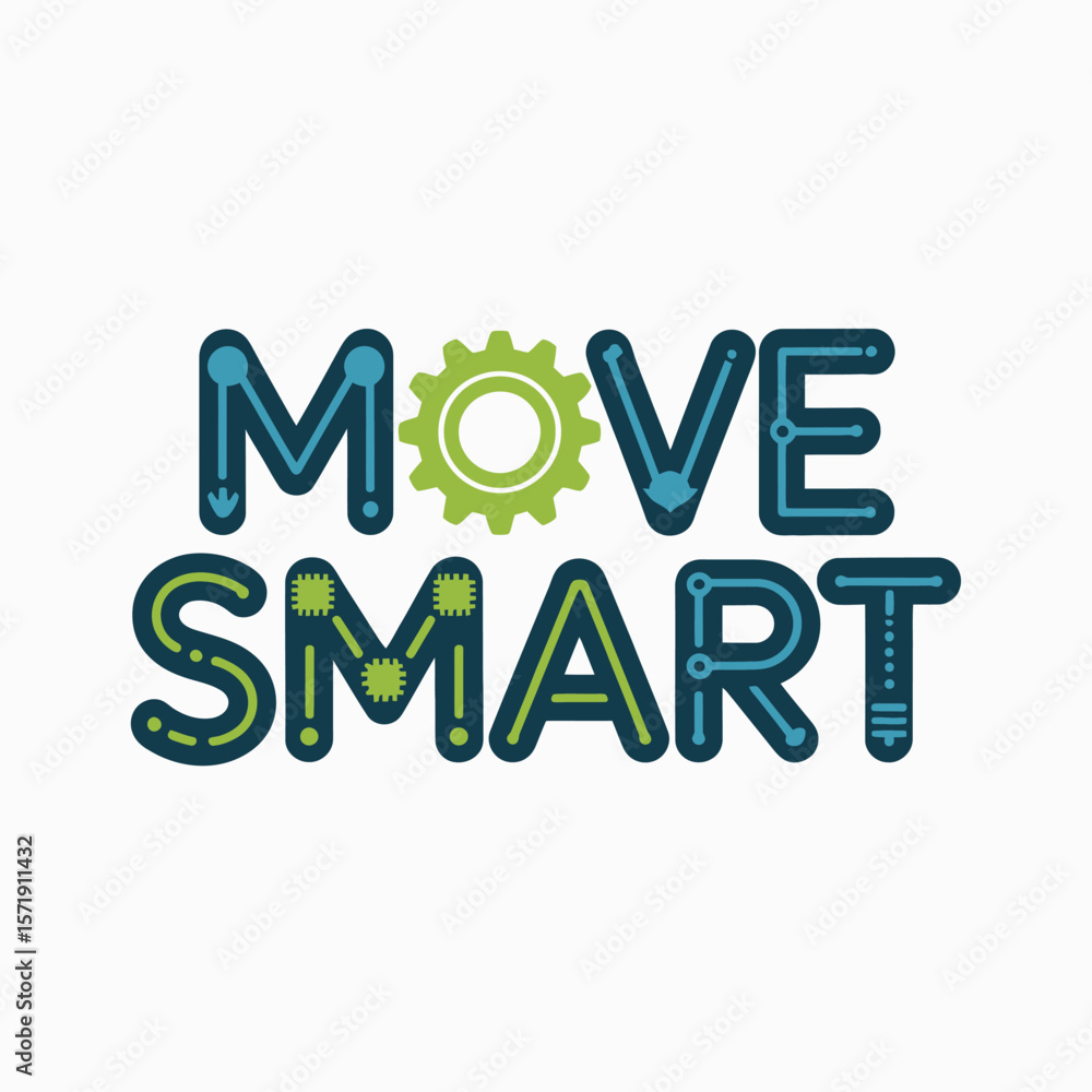 Fototapete move smart text with a green gear and circuit board patterns on letters representing technology and 