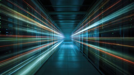 Blurred lights streak through a server room, suggesting fast data transfer
