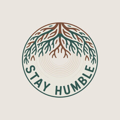 Circular logo design featuring stylized tree roots and the phrase stay humble in a calming color palette representing growth and humility