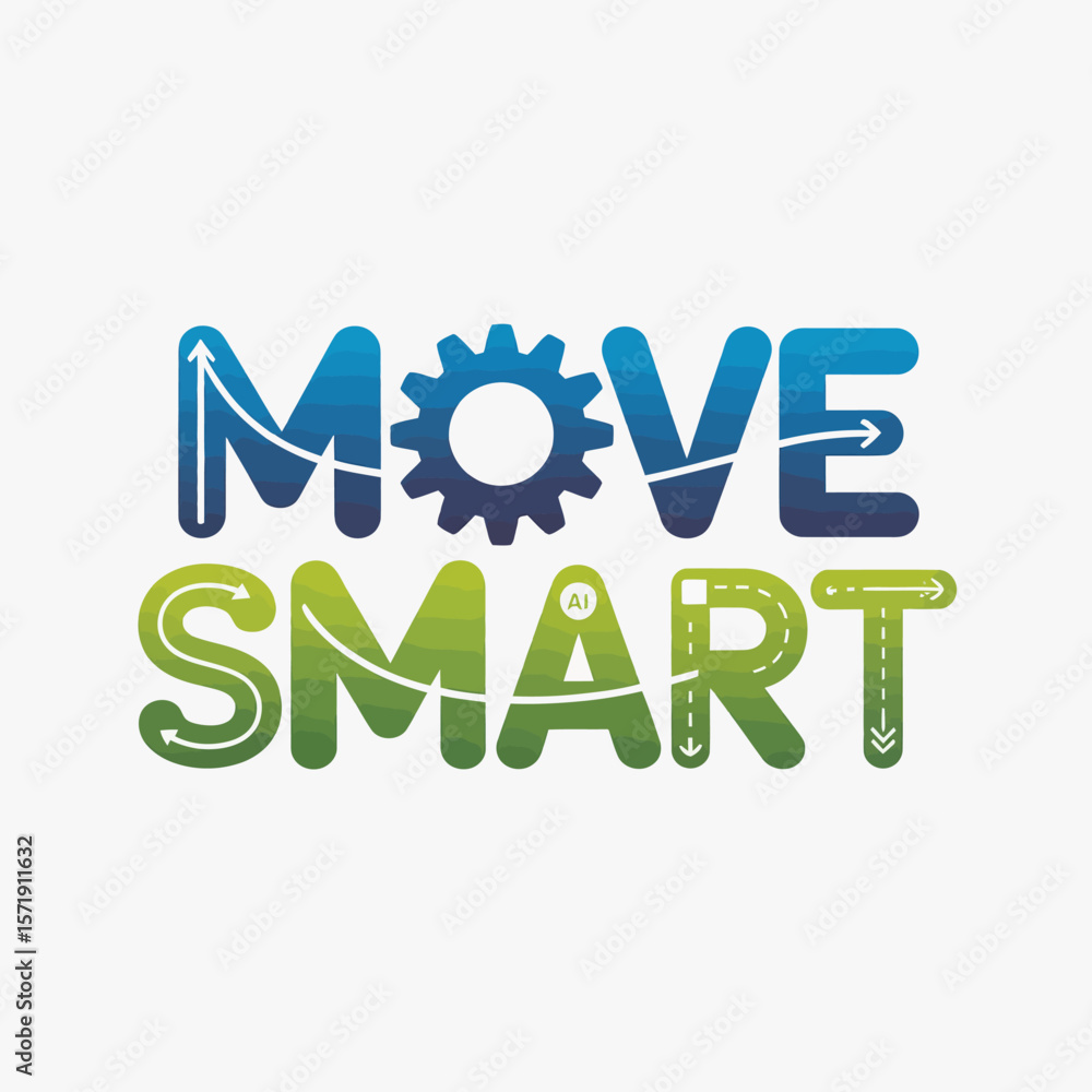 Poster move smart logo featuring a gear and road design with ai integration symbolizing progress and intell