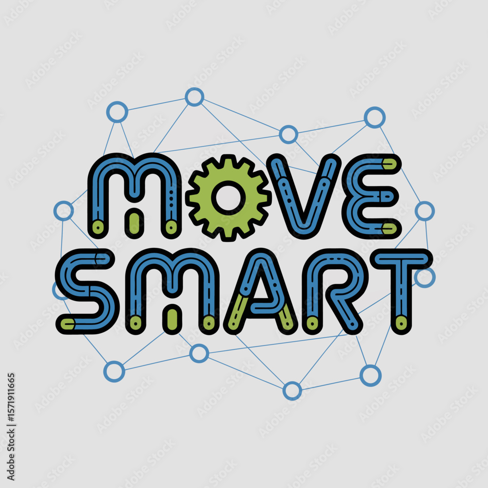 Poster move smart text with a gear and connected dots network graphic symbolizing technology and progress