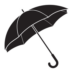 Black silhouette of an open umbrella with a curved handle on a white background