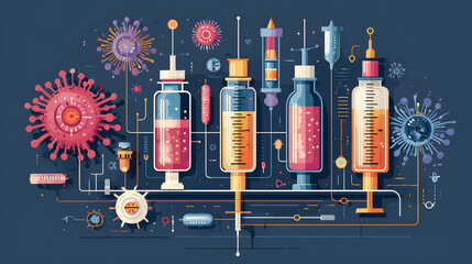 Colorful graphic representation of vaccine production, featuring vials, syringes, and viruses.