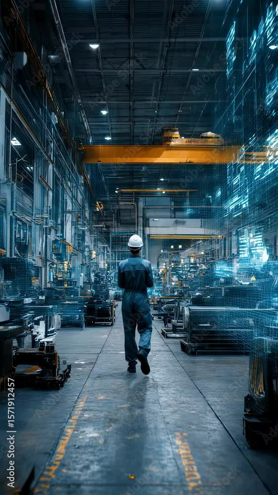 Poster inside a modernized factory environment a lone technician analyzes overlaying holographic metrics hi