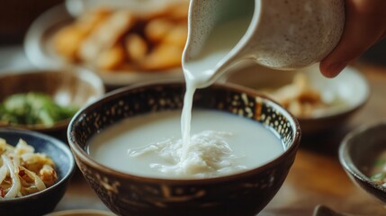 Makgeolli is being poured into a bowl, a traditional korean rice wine