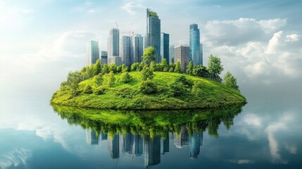 Fototapeta premium a harmonious coexistence showcases a sustainable city concept merging urban development with nature on a verdant hill island floating in tranquil waters against a serene sky