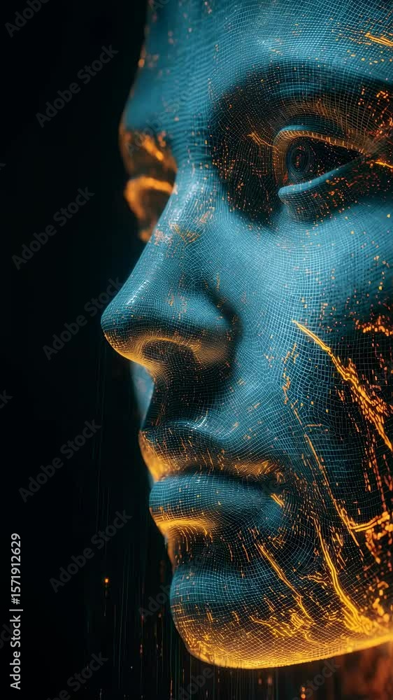 Poster an abstract depiction of a human face rendered in luminous wireframe surrounded by a landscape of di