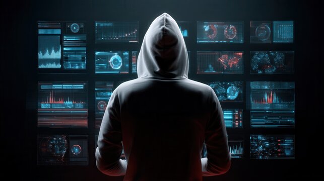 A hooded figure stands before a wall of glowing data screens