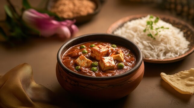 A bowl of paneer butter masala with peas and rice served with roti flatbread on a table