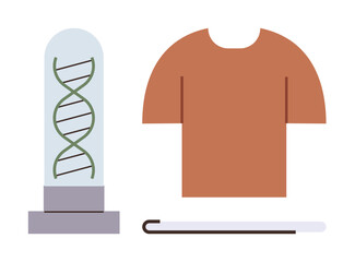DNA helix sealed in a glass cylinder alongside a brown shirt and a sewing needle. Ideal for biotechnology, sustainability, bioengineering, textile innovation, biofabrication, futuristic design