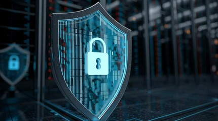 A glowing shield with a padlock in a server room providing data security and protection concept image - Powered by Adobe