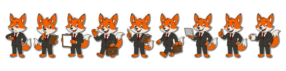Cartoon fox businessman character set in black suit with briefcase, laptop, documents, and expressive gestures. Office scenes in sticker-style vector illustrations