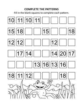Educational math activity sheet and coloring page for kids. Learn and practice basic skills of recognizing sequential patterns.
