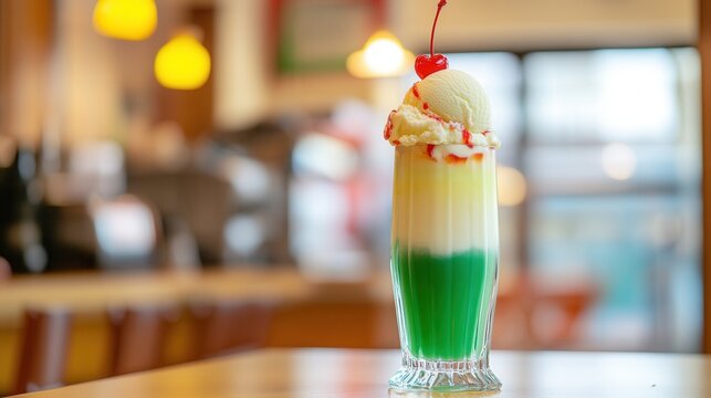 A green soda float is topped with ice cream and a cherry