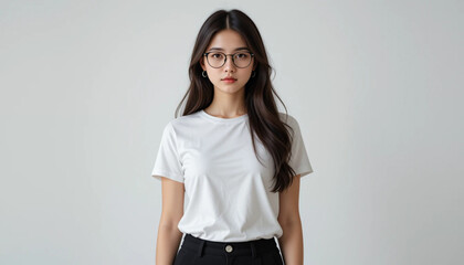 Woman Wearing Glasses Posing in White T-shirt Against Neutral Background