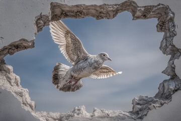Bird flying through a wall opening
