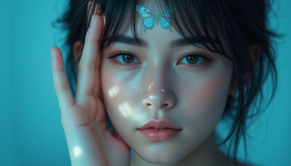 Portrait of Woman with Butterfly Tattoo and Light Refraction on Face