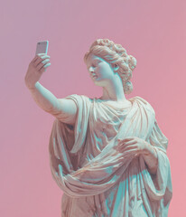 Ancient Greek sculpture of a woman taking selfie with her smartphone