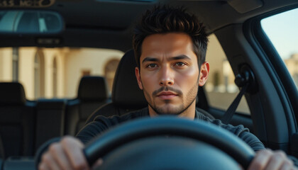 Man Driving Car Focused with Both Hands on Steering Wheel