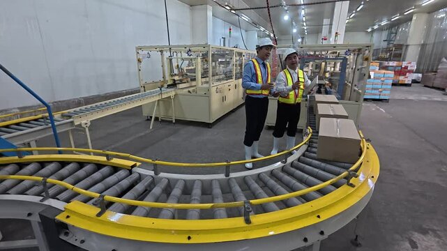 two businessmen meeting and discuss in shipping warehouse