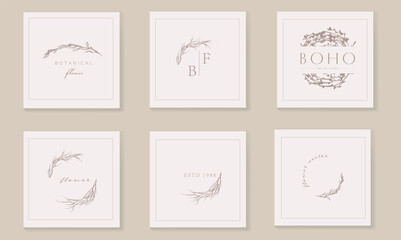 Set of elegant floral logo elements. White elegant boho hand drawn cards with line wedding herb, leaves for invitation save the date card. Botanical rustic trendy 