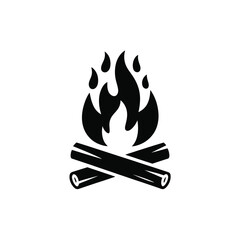 Simple black icon of a campfire with flames and logs on a white background