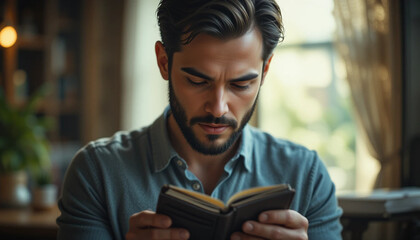 Man Reading Book Indoors with Natural Light in Calm Environment