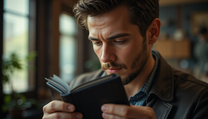 Man Reading Small Book Indoors with Focused Expression and Natural Light