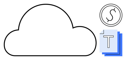 Cloud outline with dollar coin and text file visuals. Ideal for technology, data, business, finance, cloud computing, digital marketing, and simple landing page