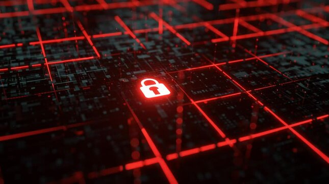 A glowing red padlock icon on a dark surface with red grid lines and waveform patterns around it