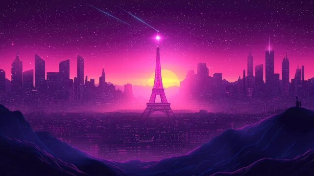 Digital Artistic Representation of the Eiffel Tower at Sunset Surrounded by a Vibrant Cityscape. Seamless looping 4k video background