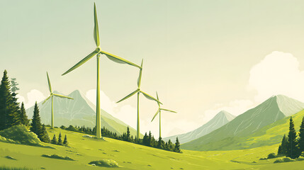 Wind Turbine Landscape: A scenic illustration showcasing wind turbines standing tall on a rolling green landscape with mountains under the bright sky, representing renewable energy