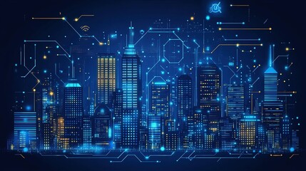 Futuristic cityscape, illuminated by digital networks.  Interconnected urban landscape, glowing with technological circuits