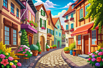 Fototapeta premium vector of A charming European street with bright cobblestones and colorful flowers. A quiet and quiet street.