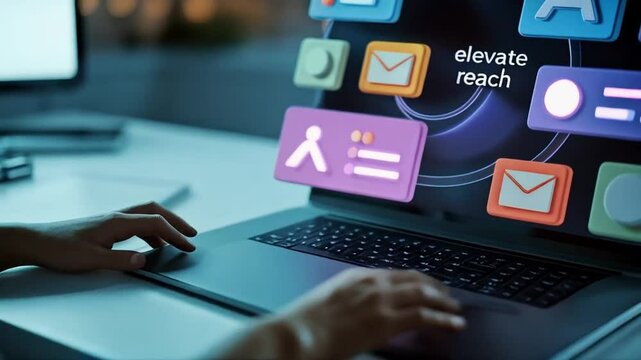Woman works on a laptop for marketing, with elevate reach strategy and colorful app icons on the screen.