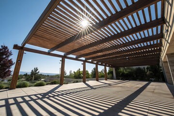Modern Wooden Pergola Structure with Sunbeams Streaming Through, Outdoor Patio Design