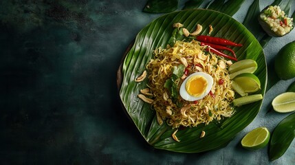 A flavorful noodle dish is served on a banana leaf with chili, egg, and lime