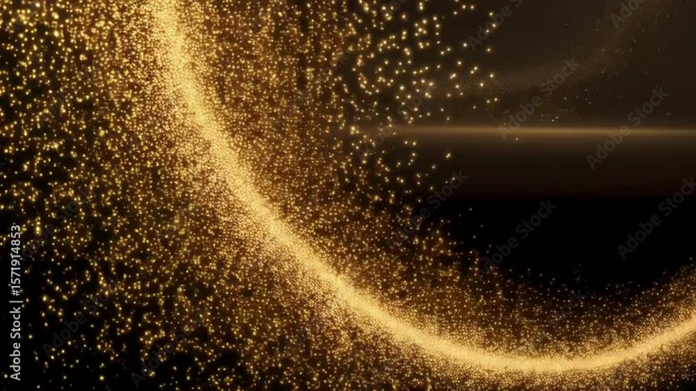 Poster elegant golden light particles float across the dark background, forming a magical swirl with sparkl
