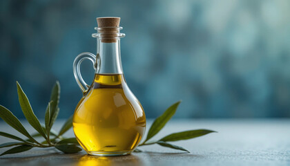 Olive Oil in Glass Bottle with Olive Branch on Table