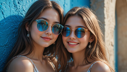 Two Women Wearing Sunglasses Smiling Together Against Colorful Wall Portrait