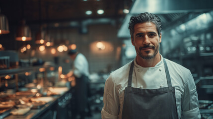 Fototapeta premium Portrait of a chef in a professional kitchen with stainless steel equipment and warm lighting visible