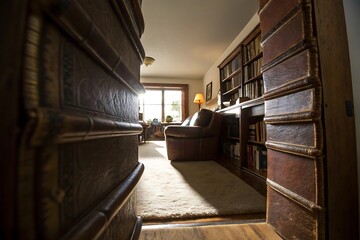 Luxurious Library with Leather-Bound Books and a Comfortable Sofa